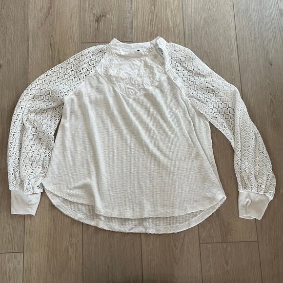 Free People Ivory Sweetest Thing Embroidered Lace Sleeves Thermal Top Size M - Picture 1 of 10